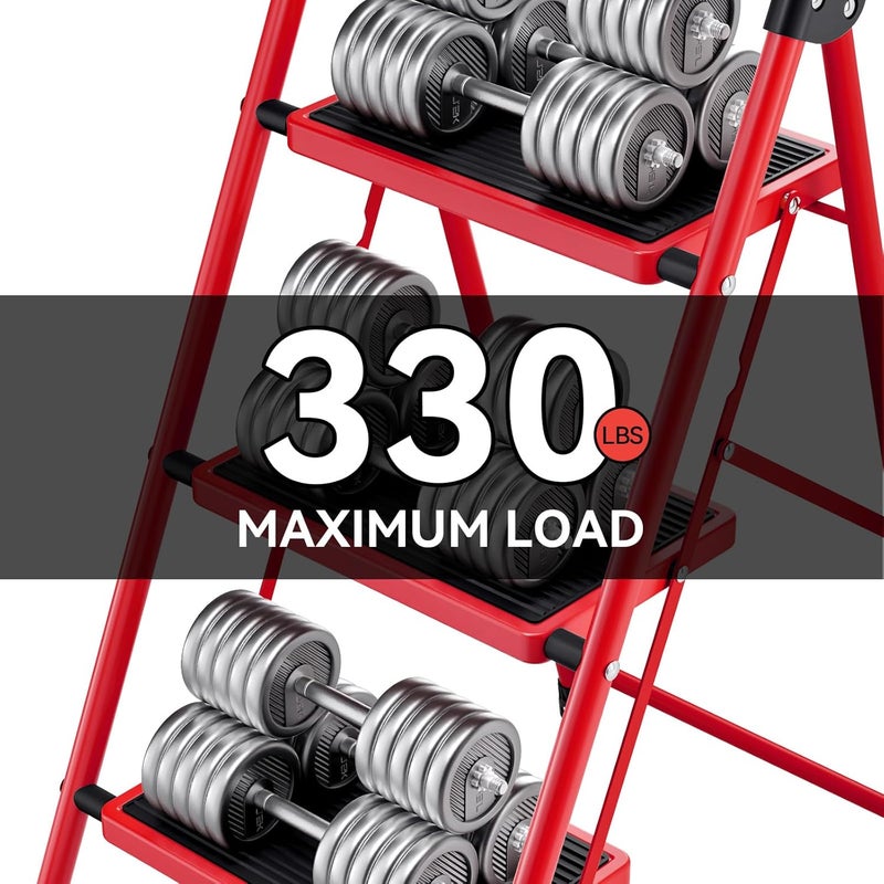 KINGRACK 3 Step Ladder, Folding Step Stool with Anti-Slip and Wide Pedal, Lightweight Stepladder with Handrails, Portable for Kitchen, Household, Red - Image 2